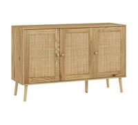 HOMCOM Aparador con 3 Puertas de Ratán, Aparador de Salón Bohemio, con Estantes Ajustables, para Cocina, Entrada, Dormitorio, Madera Natural, 120x40x75 cm