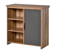 HOMCOM Aparador con Puerta de Metal Mueble Auxiliar con 3 Estantes Abiertos y Armario con Puerta y Balda Ajustable para Salón Cocina 80x35x82 cm Madera Natural