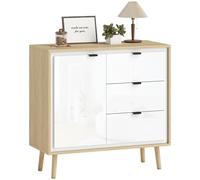 HOMCOM Aparador de 1 Puerta, Aparador de Salón Moderno con 3 Cajones, Estante Ajustable y Patas de Madera, para Cocina, Entrada, Dormitorio, 80x35x77 cm, Blanco Brillo y Roble