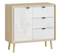 HOMCOM Aparador de 1 Puerta, Aparador de Salón Moderno con 3 Cajones, Estante Ajustable y Patas de Madera, para Cocina, Entrada, Dormitorio, 80x35x77 cm, Blanco Brillo y Roble