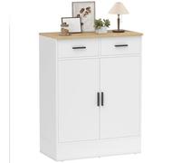 HOMCOM Aparador de 2 Puertas, Aparador de Salón con 2 Cajones y Estantes Ajustables, para Cocina, Entrada, Dormitorio, Blanco y Natural, 68,6x35x90,3 cm