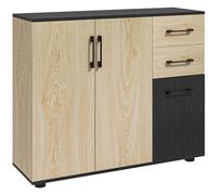 HOMCOM Aparador de 2 Puertas, Aparador de Salón Estrecho con 2 Cajones, Armario de Cocina con Estante Ajustable, para Entrada, Dormitorio, 90x30x75,5 cm, Natural y Negro