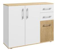 HOMCOM Aparador de 2 Puertas con 2 Cajones 90x30x75,5 cm Blanco y Natural | Aparador de Salón Estrecho, Armario de Cocina con Estante Ajustable, para Entrada, Dormitorio, Mueble Auxiliar de Cocina
