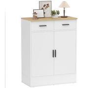 HOMCOM Aparador de 2 Puertas con 2 Cajones Blanco y Natural 68,6x35x90,3 cm | Aparador de Salón, Mueble Auxiliar, Estantes Ajustables, para Comedor, Cocina, Entrada, Dormitorio