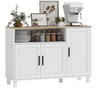 HOMCOM Aparador de 3 Puertas de Cierre Suave, Aparador de Salón con Estantes Ajustables, Compartimento Abierto, Patas de Madera, para Cocina, Entrada, Dormitorio, Blanco, 110x33x75 cm