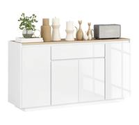 HOMCOM Aparador de 4 Puertas Aparador de Salón con Cajón y Estantes Ajustables para Dormitorio Sala de Estar 140x40x75 cm Natural y Blanco Brillo
