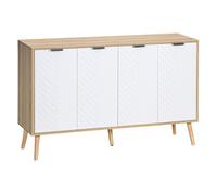 HOMCOM Aparador de 4 Puertas, Aparador de Salón con Estantes Ajustables, Patas de Madera, Puertas con Patrón de Espiga, para Cocina, Entrada, Dormitorio, Blanco y Natural, 120x35x77,4 cm
