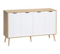 HOMCOM Aparador de 4 Puertas, Aparador de Salón con Estantes Ajustables, Patas de Madera, Puertas con Patrón de Espiga, para Cocina, Entrada, Dormitorio, Blanco y Natural, 120x35x77,4 cm