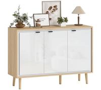 HOMCOM Aparador de Alto Brillo 3 Puertas 107x35x77 cm Roble Blanco | Unidad de almacenamiento, estantes ajustables, patas de madera, estilo moderno, aparador para comedor, cocina, salón