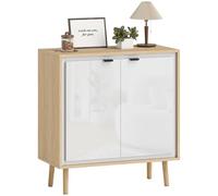 HOMCOM Aparador de alto brillo, mueble de almacenaje con puerta doble, estante regulable, patas de madera, estilo moderno, aparador para comedor, cocina y salón, 72 x 35 x 77 cm, blanco y roble