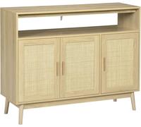 HOMCOM Aparador de Cocina de Estilo Boho Mueble Buffet Auxiliar con 3 Puertas de Ratán Estantes Ajustables y Patas de Madera para Salón Comedor 120x40x97 cm Natural