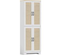 HOMCOM Alacena de Cocina Aparador de Cocina Mueble Auxiliar con Estantes Ajustables Puertas de Ratán y Sistema Anti-vuelco 60x30x170 cm Blanco