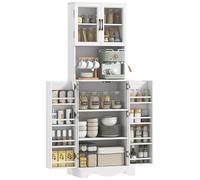 HOMCOM Aparador de Cocina Alto 180cm, Alacena con 8 Estantes en la Puerta, Agujero para Ojal, Puertas Acrílicas, Estantes Ajustables, Encimera para Microondas, Rústico, para Comedor Salón, Blanco