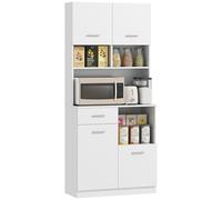 HOMCOM Aparador de Cocina Alto con cajón 4 armarios 80x35x180cm Blanco | 3 compartimentos abiertos, armario de despensa, estante de madera ajustable, para salón y cocina