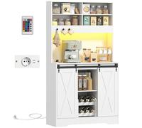 HOMCOM Aparador de Cocina Alto rústico de 180 cm, Mueble despensa con enchufes de Recarga, Luces LED, botellero, Bandeja para microondas, estantes Abiertos, Puertas correderas, Orificio para Cables