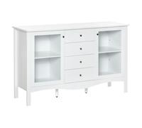 HOMCOM Aparador de Cocina Armario Buffet con 2 Puertas de Vidrio Estante Ajustable Interior y 4 Cajones Mueble Auxiliar para Comedor Salón 136x45x85 cm Blanco