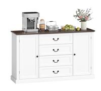 HOMCOM Aparador de Cocina, Armario de Cocina con 4 Cajones de Cierre Suave, Estante Grueso, Aparador Buffet con Estantes Ajustables, Estilo Rústico, para Salón, Comedor, 147x40x87 cm, Blanco
