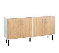 HOMCOM Aparador de Cocina con 4 Puertas Estantes Ajustables y Patas Metálicas Mueble Auxiliar Moderno para Salón Comedor 147,2x40,5x76,2 cm Natural y Blanco