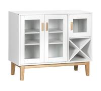 HOMCOM Aparador de Cocina con Botellero Mueble Buffet Auxiliar con 3 Puertas de Vidrio y Botellero en Forma X para 4 Botellas para Comedor Estilo Moderno Antivuelco 90x37x75 cm Blanco