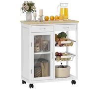 HOMCOM Aparador de cocina con ruedas, isla de cocina con encimera de bambú, puerta de cristal, 2 cestas de alambre, 2 cajones y estante ajustable, 67 x 35 x 80 cm, blanco