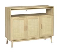 Homcom aparador de cocina de estilo boho mueble buffet auxiliar con 3 puertas de ratán estantes ajustables y patas de madera para salón comedor 120x40x97 cm natural