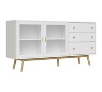 HOMCOM Aparador de Cocina Moderno Aparador de Salón 160x40x80 cm Blanco | Mueble Vitrina, 2 Puertas de Vidrio, 3 Cajones, Patas de Madera de Caucho, para Comedor