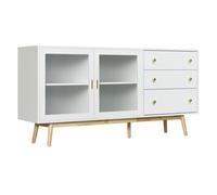 HOMCOM Aparador de Cocina Moderno Aparador de Salón Mueble Vitrina con 2 Puertas de Vidrio 3 Cajones y Patas de Madera de Caucho para Comedor 160x40x80 cm Blanco