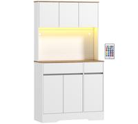 HOMCOM Aparador de cocina mueble alto con luz LED RGB, encimera, 6 puertas, 2 cajones, blanco