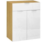 HOMCOM Aparador de Salón Armario Multiusos de Alto Brillo con Cajón 2 Puertas y Estantes Ajustables para Comedor Dormitorio 70x35x92 cm Blanco y Natural