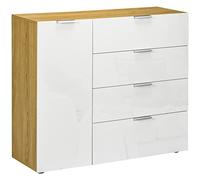 HOMCOM Aparador de Salón Cajonera y Cómoda con 4 Cajones de de Alto Brillo Puerta y Estantes Ajustables para Comedor Dormitorio 105x35x92 cm Blanco y Natural