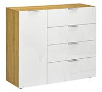 HOMCOM Aparador de Salón Cajonera y Cómoda con 4 Cajones de de Alto Brillo Puerta y Estantes Ajustables para Comedor Dormitorio 105x35x92 cm Blanco y Natural