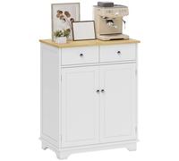HOMCOM Aparador de salón con 2 cajones y armario con estante ajustable, aparador de salón con encimera de madera de caucho, para entrada, cocina y comedor, blanco