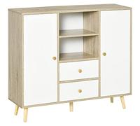 HOMCOM Aparador de Salón con 2 Puertas 2 Cajones y 2 Estantes Abiertos Mueble Auxiliar de Almacenaje para Cocina Recibidor 100x30x85 cm Blanco y Natural