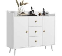 HOMCOM Aparador de Salón Moderno, Aparador de Cocina 90x32x80 cm Blanco | 2 Puertas, 3 Cajones, Patas de Madera de Pino, para Entrada Comedor Pasillo Dormitorio