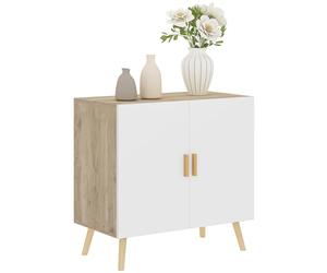 HOMCOM Aparador, Mueble de almacenaje, con Asas de bambú, Estante Regulable, Base elevada, para salón Cocina Comedor, 76 x 41,2 x 74 cm Blanco y Madera Natural