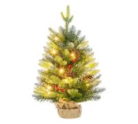 HOMCOM Árbol de Navidad 60 cm Árbol de Navidad Artificial Sobremesa con 20 Luces LED 141 Ramas 5 Piñas 5 Racimos de Bayas Rojas y Soporte de Metal Árbol Navideño para Interior Verde