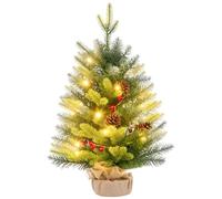 HOMCOM Árbol de Navidad 60 cm Artificial Sobremesa 20 Luces LED Verde | 141 Ramas, 5 Piñas, 5 Racimos de Bayas Rojas, Soporte de Metal, Árbol Navideño para Interior