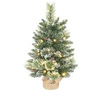 HOMCOM Árbol de Navidad con 35 Luces LED, 60 cm, Mini Árbol de Navidad Artificial con 64 Ramas Densas con Nieve, Piñas, Bayas y Base de Arpillera, Decoración Navideña de Mesa para Casa, Oficina, Verde