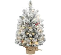 HOMCOM Árbol de Navidad con 35 Luces LED, 60 cm, Mini Árbol de Navidad Artificial con 72 Ramas Densas con Nieve, Piñas, Bayas y