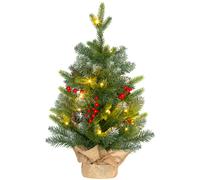 HOMCOM Árbol de Navidad de Sobremesa 60 cm con 20 Luces LED 141 Ramas 5 Piñas y Bayas Rojas Verde Aosom España