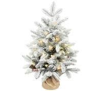 HOMCOM Árbol de Navidad Mini Artificial 60 cm 182 Ramas Nevadas Verde | 35 Luces LED, Piñas, Bayas, Base de Arpillera, Decoración Navideña de Mesa, Casa u Oficina