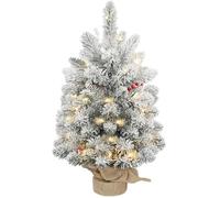 HOMCOM Árbol de Navidad Mini Artificial de 60 cm con 35 Luces LED Verde | 72 Ramas Densas Nevadas, Piñas, Bayas, Base de Arpillera, Decoración Navideña de Mesa, Casa y Oficina