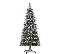 HOMCOM Árbol de Navidad Plegable 150 cm con Nieve 408 Ramas 25 Bayas 21 Piñas Hojas Apertura Automática y Soporte Metálico Decoración Navideña para Interior Verde