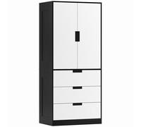 HOMCOM Armario 2 Puertas con 3 Cajones, Armario moderno con Barra para Colgar, para Dormitorio, Negro y Blanco