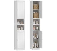 HOMCOM Armario Alto de baño 2 Puertas para salón 30x30x170 cm Blanco | Torre de almacenamiento para baño, 2 compartimentos abiertos, estante ajustable, estilo moderno, para dormitorio