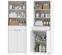 HOMCOM Armario Alto de Baño 3 Estantes Abiertos 60x30x171 cm Blanco | Mueble de Baño Estrecho, Cajón Acanalado, Estante Ajustable, Puertas de Cierre Suave, para Espacios Pequeños