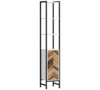 HOMCOM Armario Alto de Baño Columna Almacenaje 30x30x170 cm Blanco/Nogal | 3 Estantes Abiertos, 1 Puerta, Estante Ajustable, Mueble Auxiliar de Baño, Sistema Anti-vuelco, para Espacio Pequeño