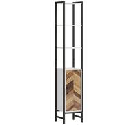 HOMCOM Armario Alto de Baño Columna de Baño con 3 Estantes Abiertos 1 Puerta y Estante Ajustable Mueble Auxiliar de Baño con Sistema Anti-vuelco 30x30x170 cm Blanco y Nogal