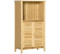HOMCOM Armario Auxiliar de Baño de Bambú Armario de Suelo de Baño con 2 Puertas Compartimiento Abierto y Estante Ajustable 50x25,5x92 cm Natural