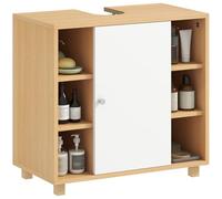 HOMCOM Armario Bajo Lavabo con 6 Estantes Abiertos y Armario, Bajo Lavabo con Hueco en Forma de U y 2 Puertas de Cierre Suave, para Lavabos con o sin Pedestal, 60x33x57 cm, Color Madera y